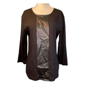 Ann Taylor Chiffon Blouse Black Faux Leather Paneled 3/4 Sleeves Bow Back‎ XS